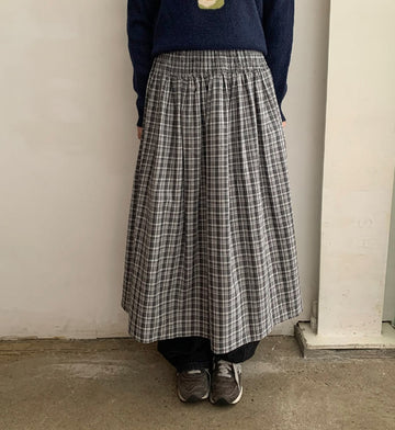 Hinon Check Shirring Banding Long Skirt
